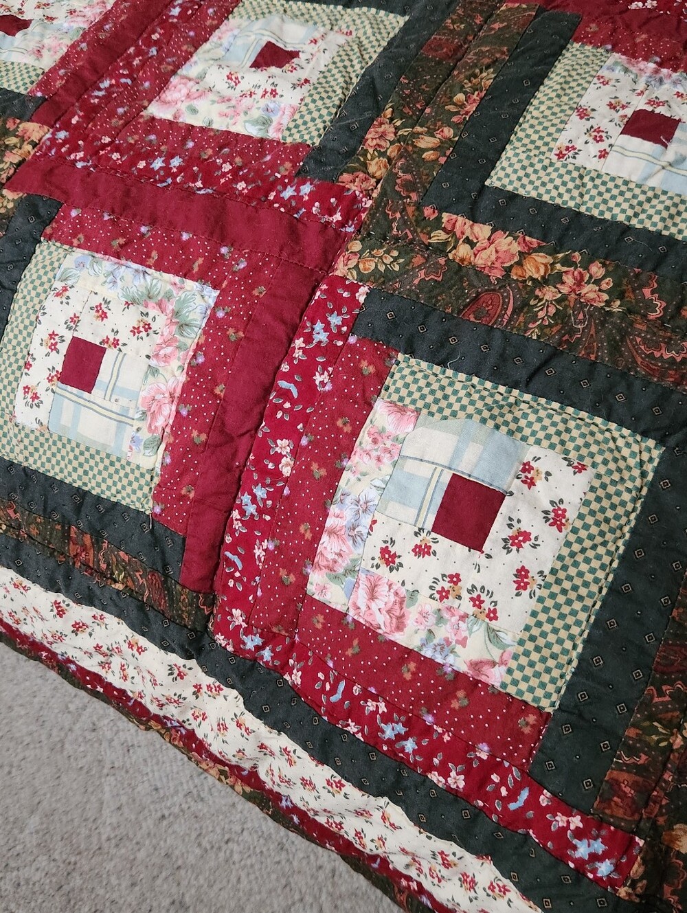 LOG CABIN Patchwork Quilt Queen Red Green Floral 1 Sham Cotton Poly Fill Cottage - Picture 5 of 11